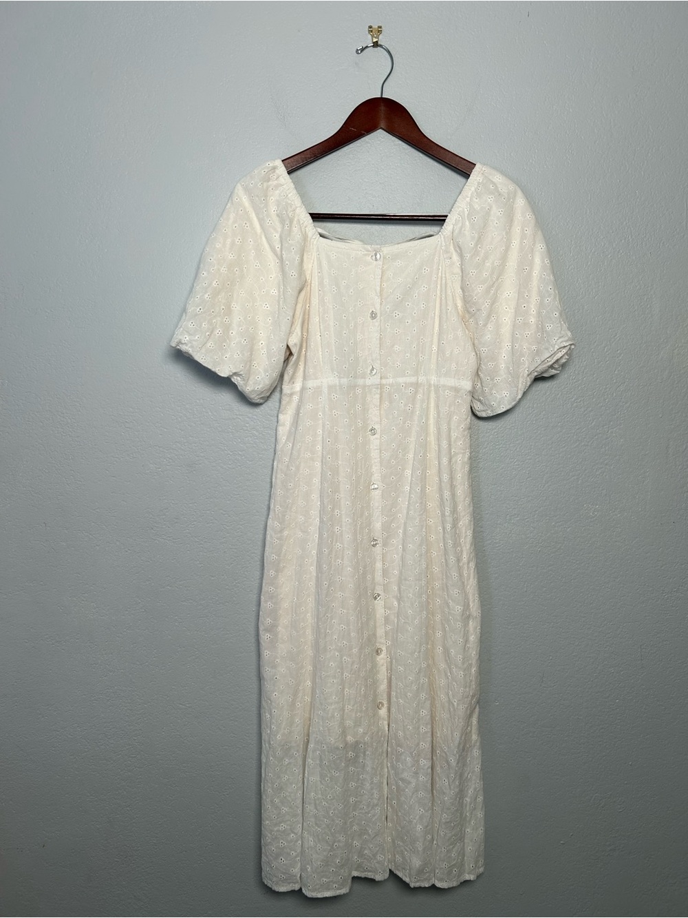 Cottagecore puff sleeve Cream Eyelet Button-Front Midi Dress lace back Small